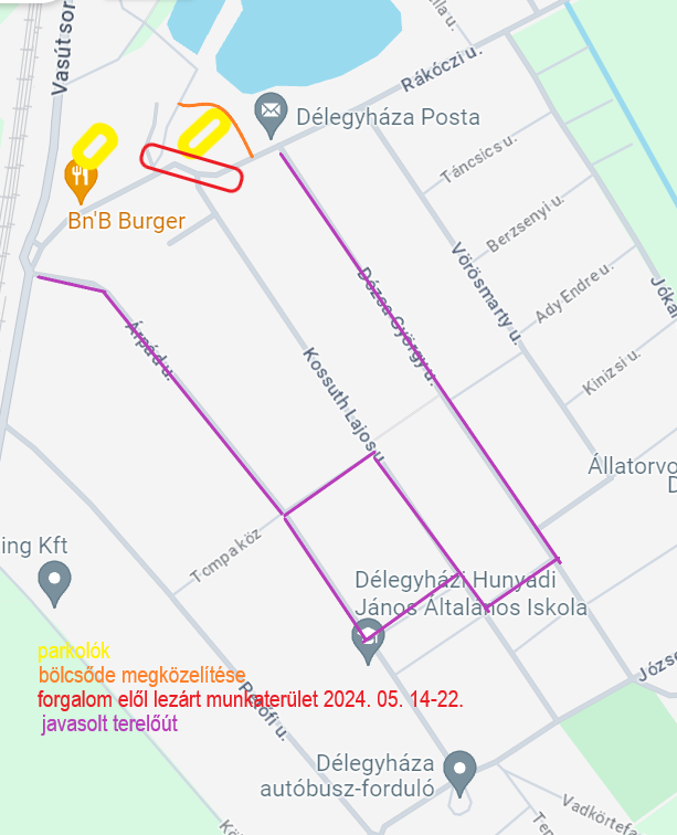 Délegyháza forgalomterelés Rákóczi utca átkötő út 2