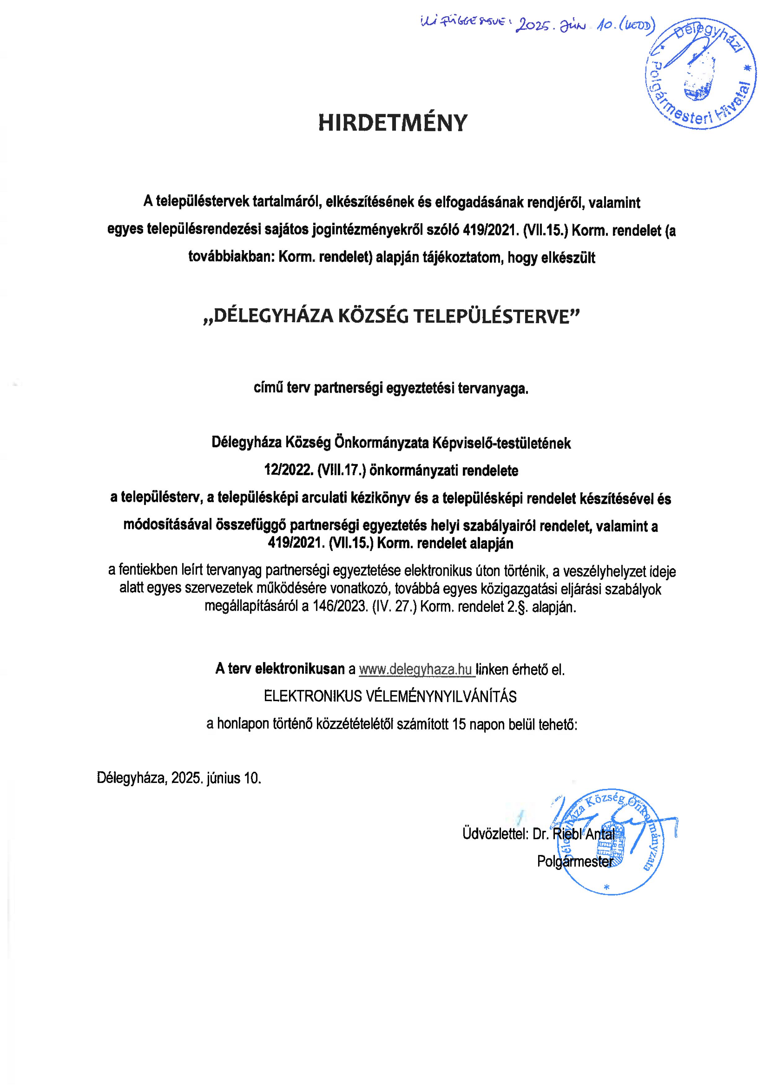 Hirdetmény településterv
